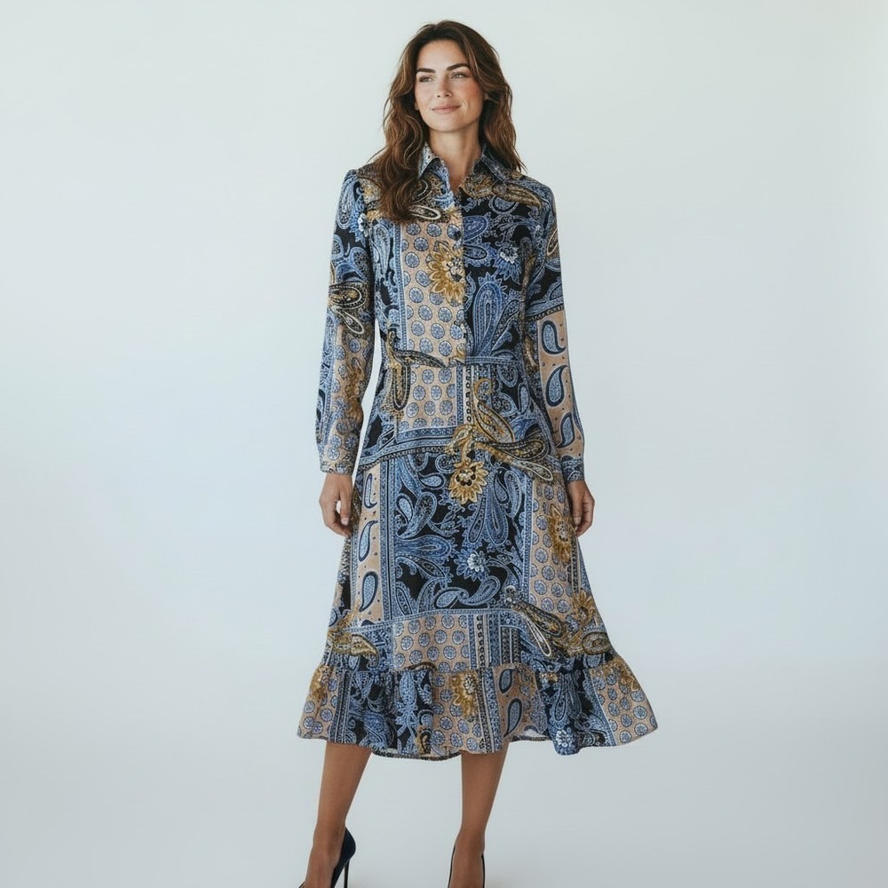 Jones NY Women Paisley Patchwork Ruffle Hem Shirt Dress Blue XS boho chic preppy